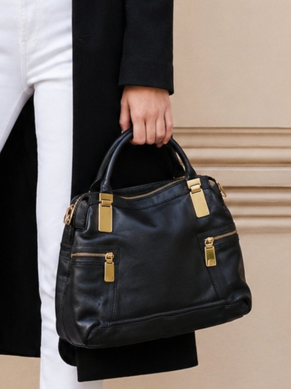 Classic Black Leather Satchel Handbag with Gold Hardware